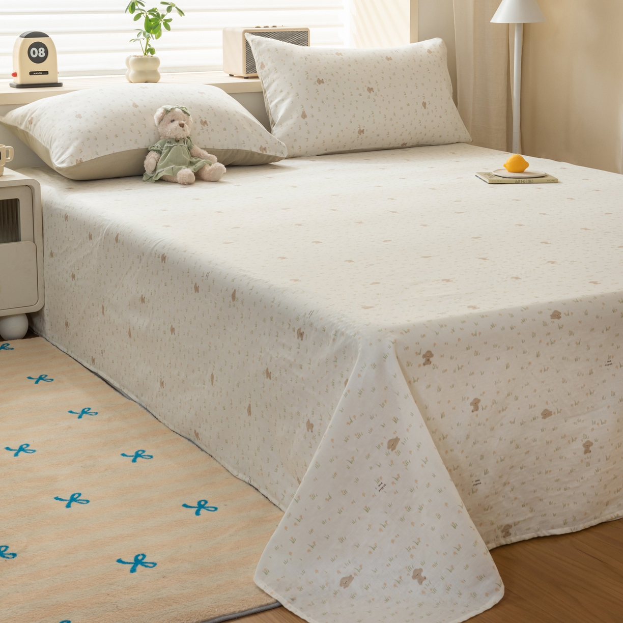 91家纺网 家纺一手货源 找家纺 雯雨家纺 2026新款全棉有氧双层纱床单 全棉双层纱床单-田园小熊