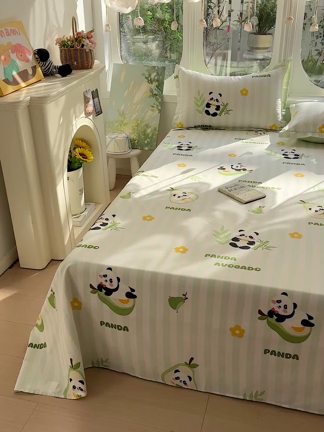 91家纺网 家纺一手货源 找家纺 恩泽家纺 2026春夏新款全棉纯棉12868印花四件套及单品系列-单床单床单单件 熊猫与牛油果