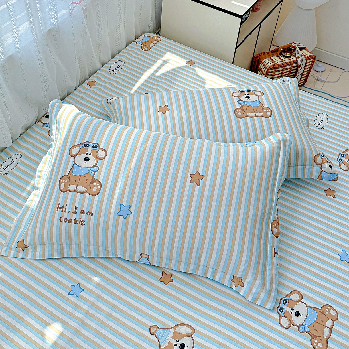 91家纺网 家纺一手货源 找家纺 恩泽家纺 2026春夏新款全棉纯棉12868印花四件套及单品系列-单枕套枕套单件 派对小狗