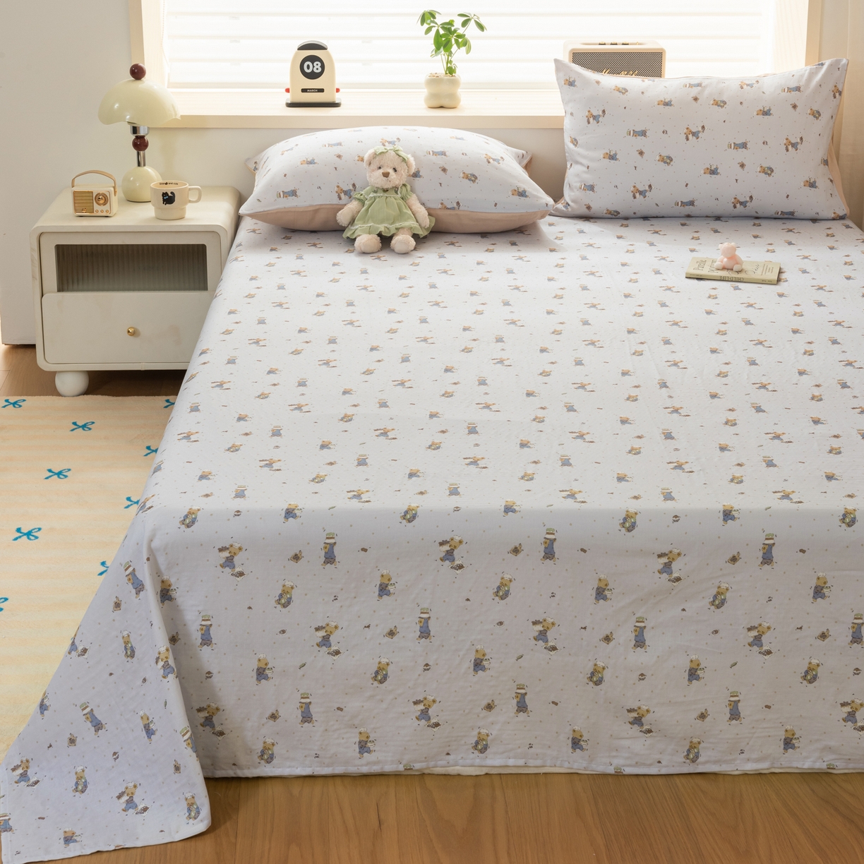 91家纺网 家纺一手货源 找家纺 雯雨家纺 2026新款全棉有氧双层纱床单 全棉双层纱床单-小熊礼物