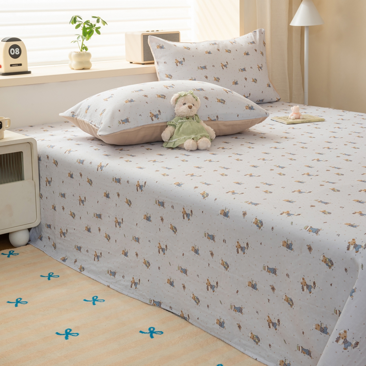 91家纺网 家纺一手货源 找家纺 雯雨家纺 2026新款全棉有氧双层纱床单 全棉双层纱床单-小熊礼物