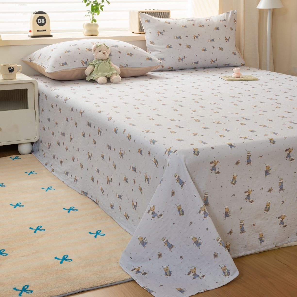 91家纺网 家纺一手货源 找家纺 雯雨家纺 2026新款全棉有氧双层纱床单 全棉双层纱床单-小熊礼物