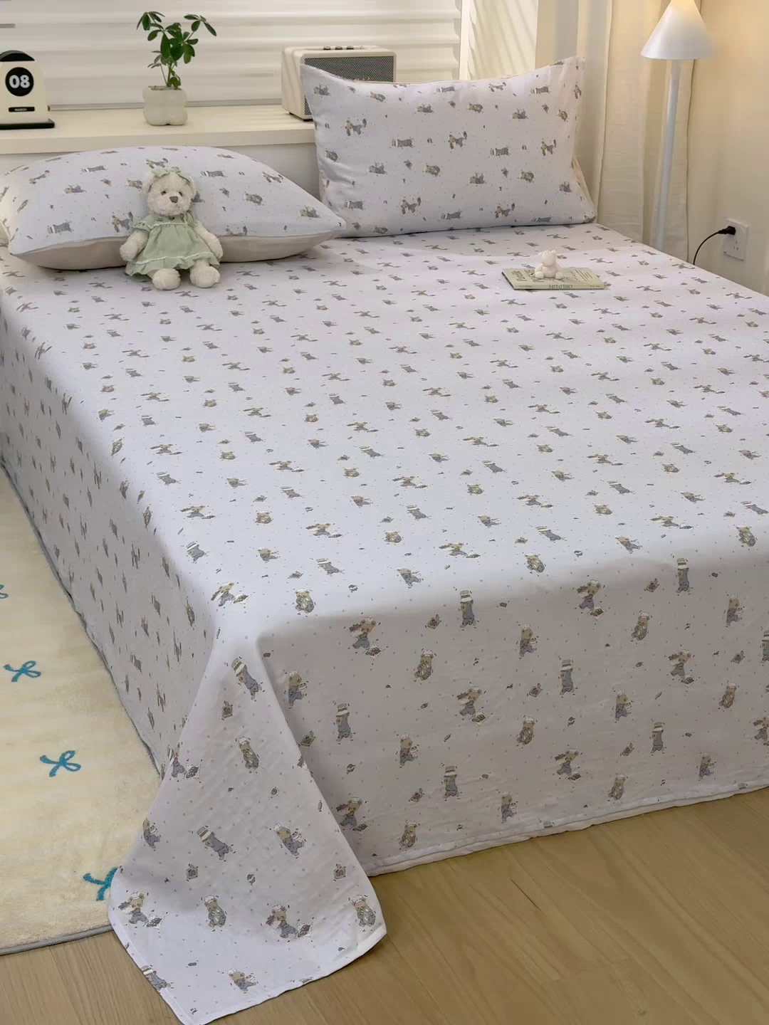 91家纺网 家纺一手货源 找家纺 雯雨家纺 2026新款全棉有氧双层纱床单 全棉双层纱床单-小熊礼物