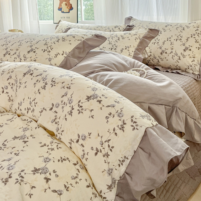 91家纺网 家纺一手货源 找家纺 斯卡诺家纺 2026新款韩版花边古法水洗仿棉床盖四件套花边床单四件套 南枝-韩版花边