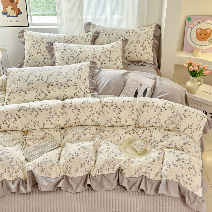 斯卡诺家纺 2026新款韩版花边古法水洗仿棉床盖四件套花边床单四件套 南枝-韩版花边