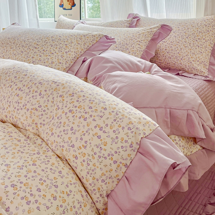 91家纺网 家纺一手货源 找家纺 斯卡诺家纺 2026新款韩版花边古法水洗仿棉床盖四件套花边床单四件套 花千朵-韩版花边