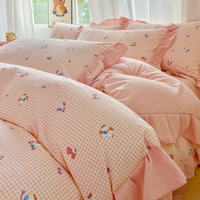 91家纺网 家纺一手货源 找家纺 斯卡诺家纺 2026新款韩版花边古法水洗仿棉床盖四件套花边床单四件套 凯蒂猫-韩版花边