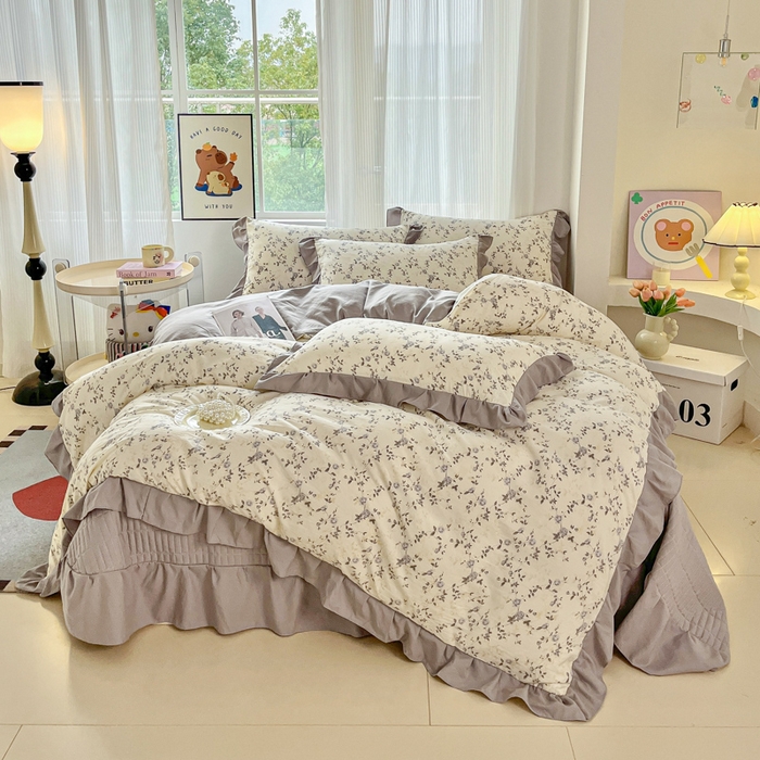 91家纺网 家纺一手货源 找家纺 斯卡诺家纺 2026新款韩版花边古法水洗仿棉床盖四件套花边床单四件套 南枝-韩版花边