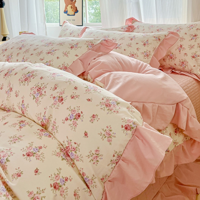 91家纺网 家纺一手货源 找家纺 斯卡诺家纺 2026新款韩版花边古法水洗仿棉床盖四件套花边床单四件套 红粉佳人-韩版花边