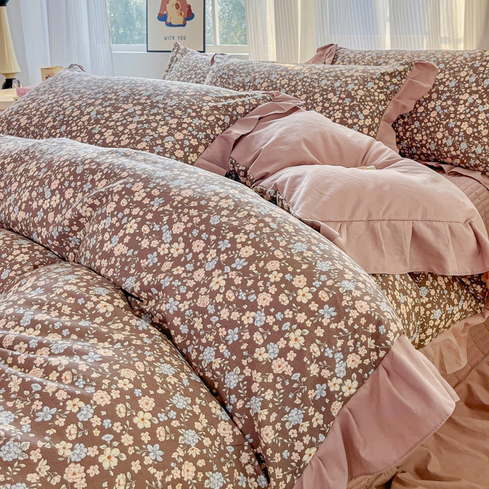 91家纺网 家纺一手货源 找家纺 斯卡诺家纺 2026新款韩版花边古法水洗仿棉床盖四件套花边床单四件套 漫野-韩版花边