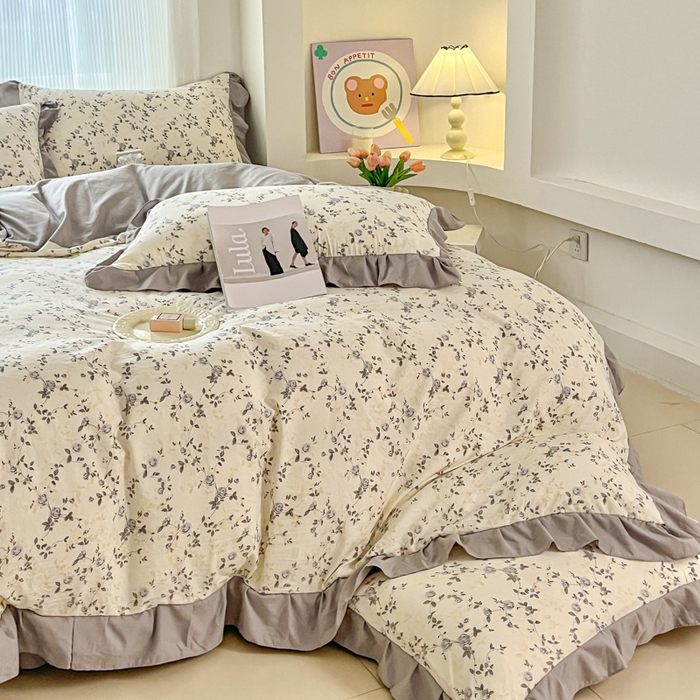 91家纺网 家纺一手货源 找家纺 斯卡诺家纺 2026新款韩版花边古法水洗仿棉床盖四件套花边床单四件套 南枝-韩版花边