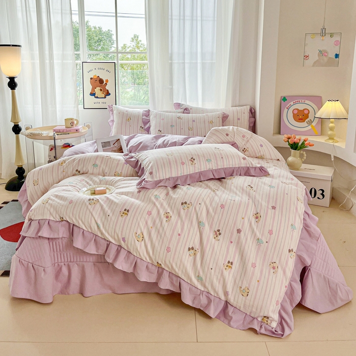 91家纺网 家纺一手货源 找家纺 斯卡诺家纺 2026新款韩版花边古法水洗仿棉床盖四件套花边床单四件套 喵星人-韩版花边