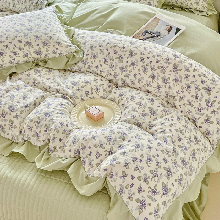 91家纺网 家纺一手货源 找家纺 斯卡诺家纺 2026新款韩版花边古法水洗仿棉床盖四件套花边床单四件套 觅时光-韩版花边