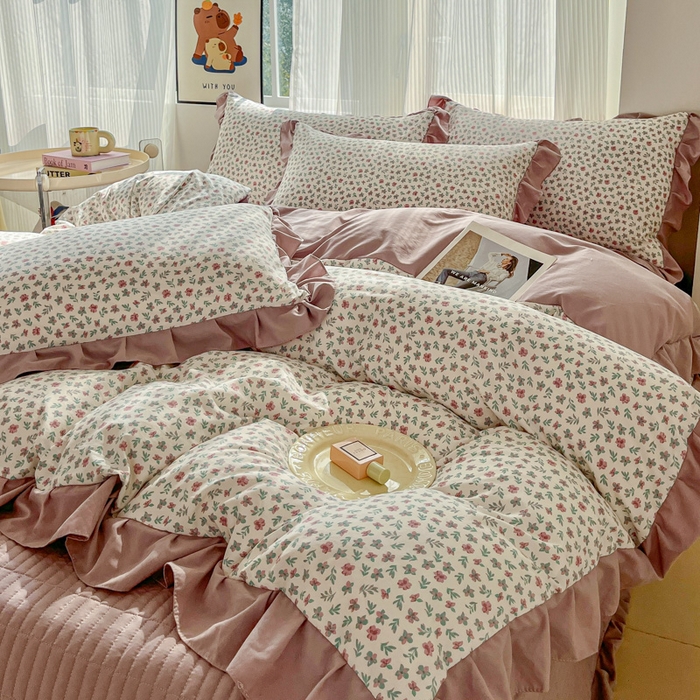 91家纺网 家纺一手货源 找家纺 斯卡诺家纺 2026新款韩版花边古法水洗仿棉床盖四件套花边床单四件套 小苍兰-韩版花边