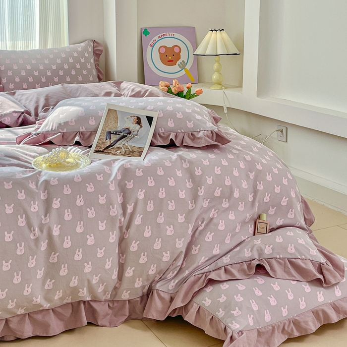 91家纺网 家纺一手货源 找家纺 斯卡诺家纺 2026新款韩版花边古法水洗仿棉床盖四件套花边床单四件套 兔小姐-韩版花边