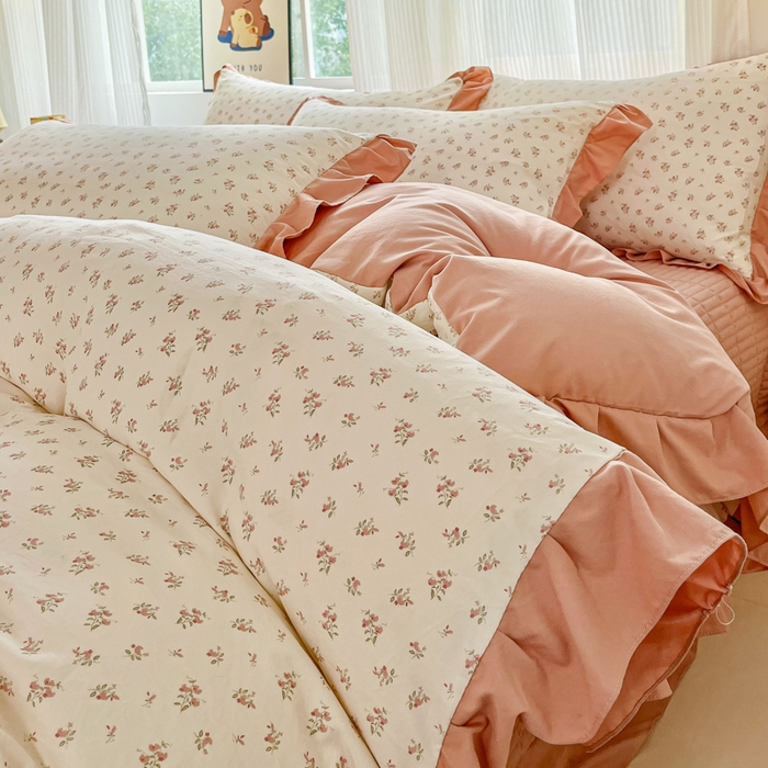 91家纺网 家纺一手货源 找家纺 斯卡诺家纺 2026新款韩版花边古法水洗仿棉床盖四件套花边床单四件套 小夜曲粉-韩版花边