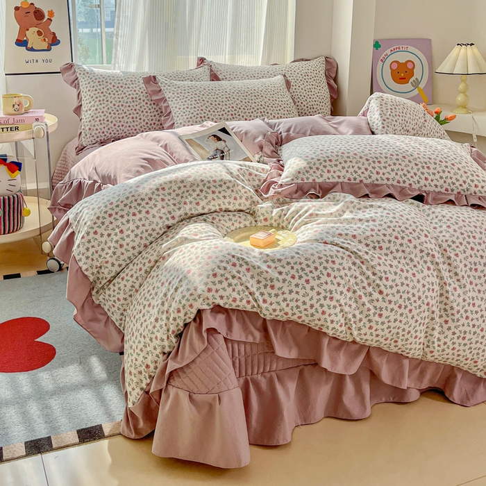 91家纺网 家纺一手货源 找家纺 斯卡诺家纺 2026新款韩版花边古法水洗仿棉床盖四件套花边床单四件套 小苍兰-韩版花边