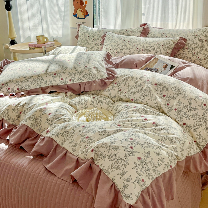 91家纺网 家纺一手货源 找家纺 斯卡诺家纺 2026新款韩版花边古法水洗仿棉床盖四件套花边床单四件套 满园春色-韩版花边