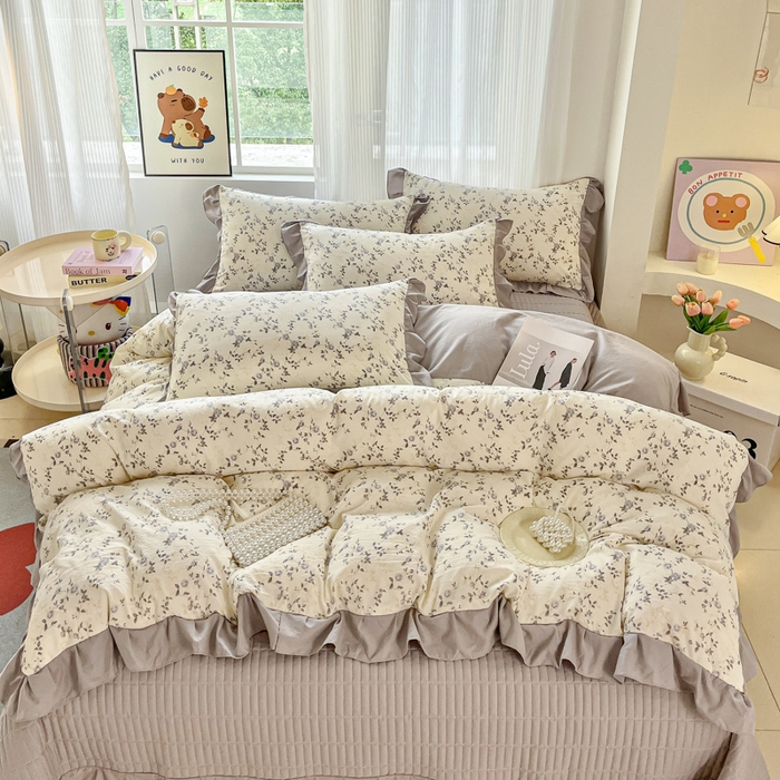 91家纺网 家纺一手货源 找家纺 斯卡诺家纺 2026新款韩版花边古法水洗仿棉床盖四件套花边床单四件套 南枝-韩版花边