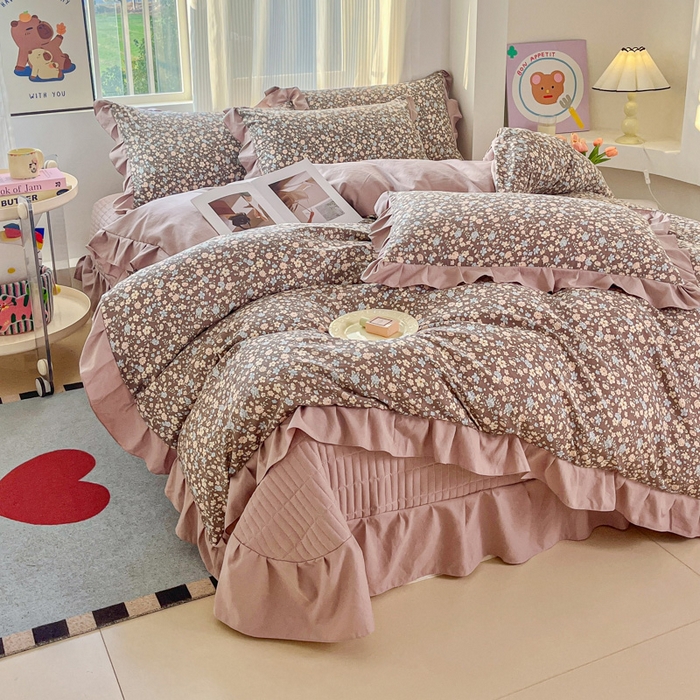 91家纺网 家纺一手货源 找家纺 斯卡诺家纺 2026新款韩版花边古法水洗仿棉床盖四件套花边床单四件套 漫野-韩版花边