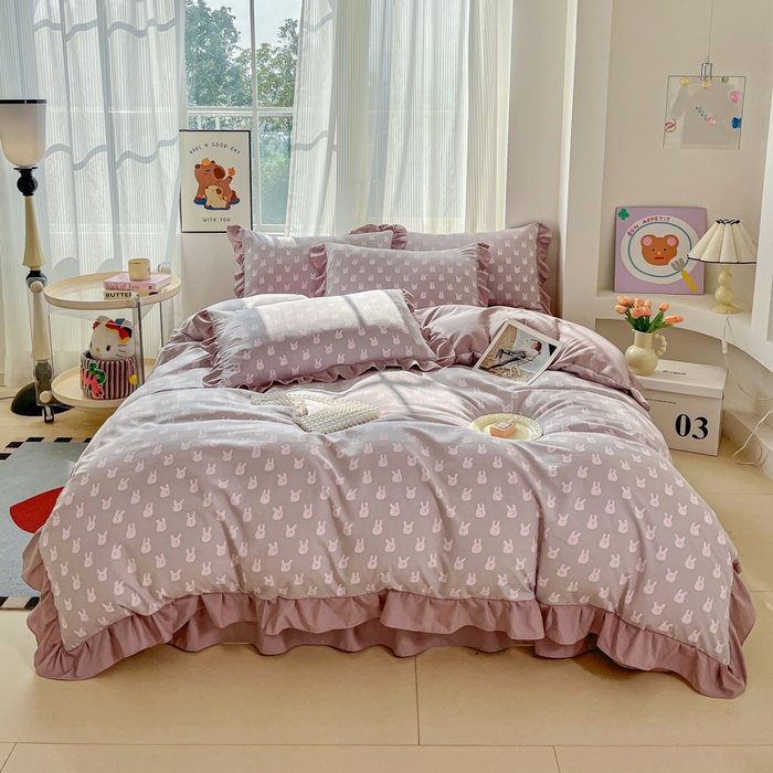 91家纺网 家纺一手货源 找家纺 斯卡诺家纺 2026新款韩版花边古法水洗仿棉床盖四件套花边床单四件套 兔小姐-韩版花边