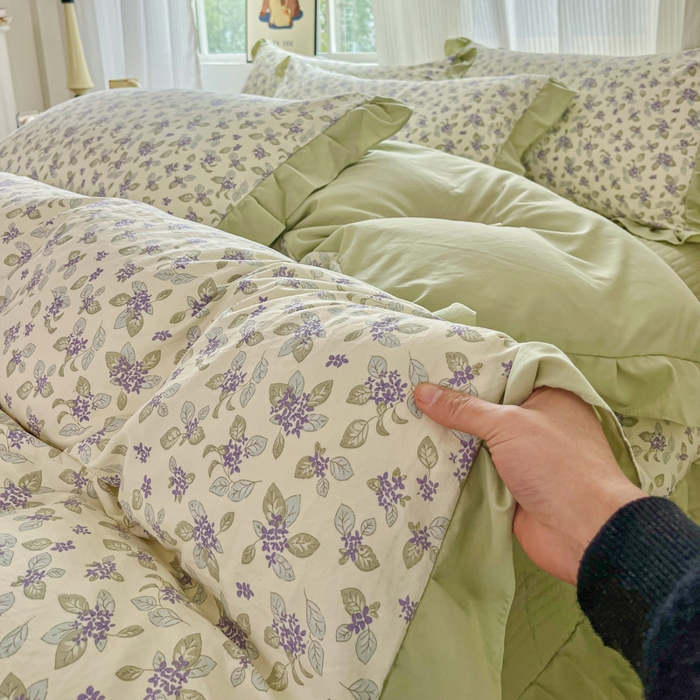 91家纺网 家纺一手货源 找家纺 斯卡诺家纺 2026新款韩版花边古法水洗仿棉床盖四件套花边床单四件套 觅时光-韩版花边