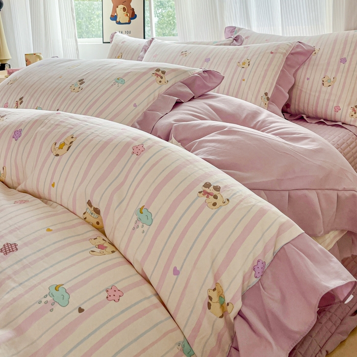 91家纺网 家纺一手货源 找家纺 斯卡诺家纺 2026新款韩版花边古法水洗仿棉床盖四件套花边床单四件套 喵星人-韩版花边