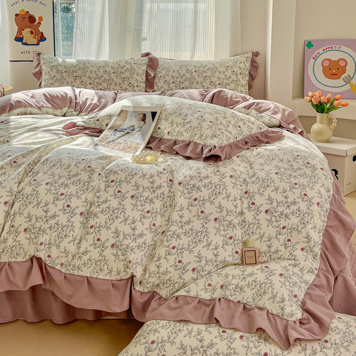 91家纺网 家纺一手货源 找家纺 斯卡诺家纺 2026新款韩版花边古法水洗仿棉床盖四件套花边床单四件套 满园春色-韩版花边