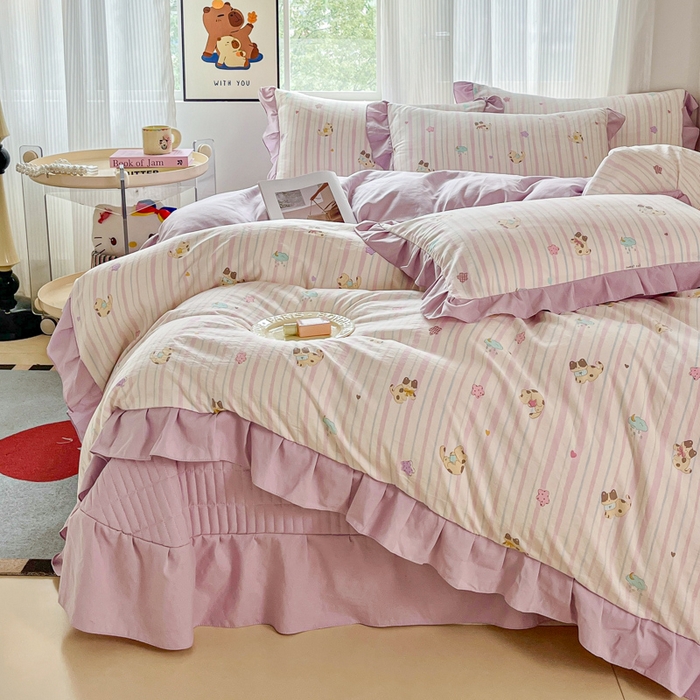 91家纺网 家纺一手货源 找家纺 斯卡诺家纺 2026新款韩版花边古法水洗仿棉床盖四件套花边床单四件套 喵星人-韩版花边