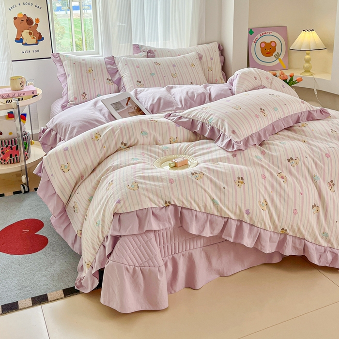 91家纺网 家纺一手货源 找家纺 斯卡诺家纺 2026新款韩版花边古法水洗仿棉床盖四件套花边床单四件套 喵星人-韩版花边