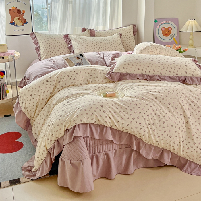 91家纺网 家纺一手货源 找家纺 斯卡诺家纺 2026新款韩版花边古法水洗仿棉床盖四件套花边床单四件套 小夜曲紫-韩版花边