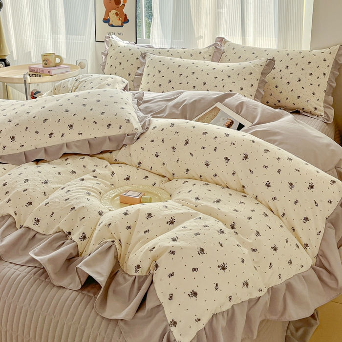 91家纺网 家纺一手货源 找家纺 斯卡诺家纺 2026新款韩版花边古法水洗仿棉床盖四件套花边床单四件套 慕兮-韩版花边