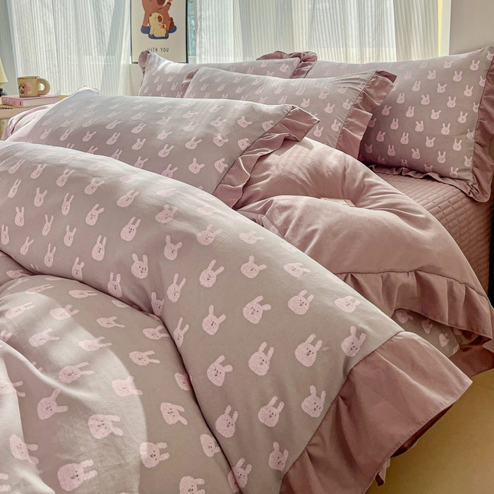 91家纺网 家纺一手货源 找家纺 斯卡诺家纺 2026新款韩版花边古法水洗仿棉床盖四件套花边床单四件套 兔小姐-韩版花边