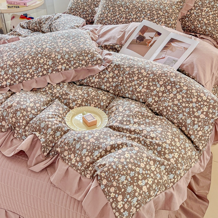 91家纺网 家纺一手货源 找家纺 斯卡诺家纺 2026新款韩版花边古法水洗仿棉床盖四件套花边床单四件套 漫野-韩版花边