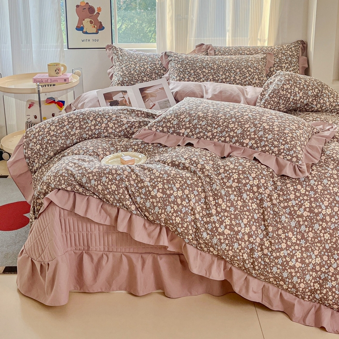 91家纺网 家纺一手货源 找家纺 斯卡诺家纺 2026新款韩版花边古法水洗仿棉床盖四件套花边床单四件套 漫野-韩版花边