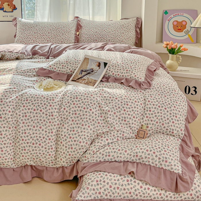 91家纺网 家纺一手货源 找家纺 斯卡诺家纺 2026新款韩版花边古法水洗仿棉床盖四件套花边床单四件套 小苍兰-韩版花边