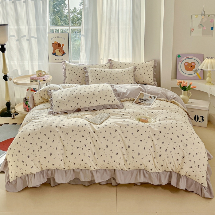 91家纺网 家纺一手货源 找家纺 斯卡诺家纺 2026新款韩版花边古法水洗仿棉床盖四件套花边床单四件套 慕兮-韩版花边