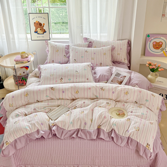 91家纺网 家纺一手货源 找家纺 斯卡诺家纺 2026新款韩版花边古法水洗仿棉床盖四件套花边床单四件套 喵星人-韩版花边