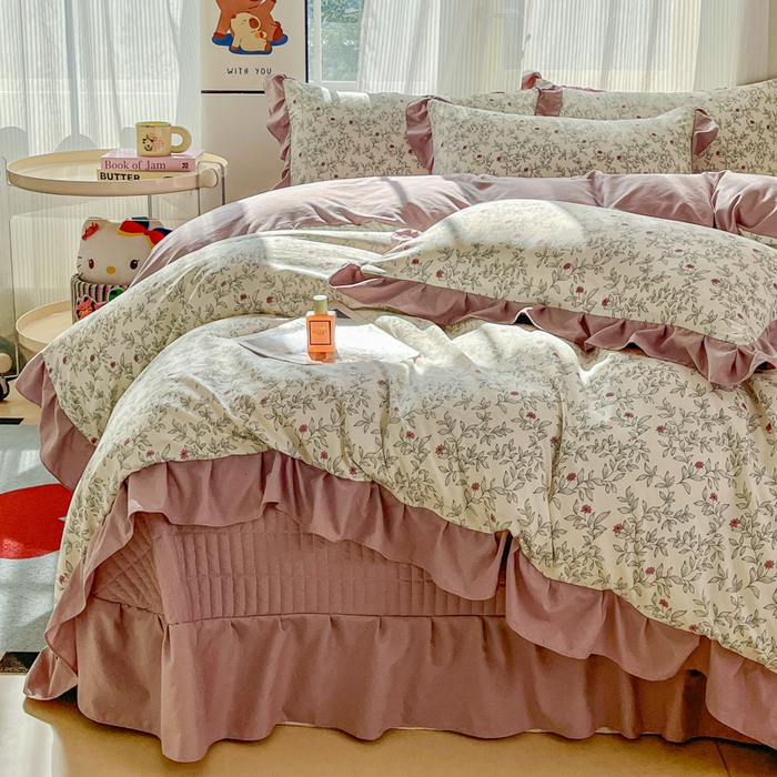 91家纺网 家纺一手货源 找家纺 斯卡诺家纺 2026新款韩版花边古法水洗仿棉床盖四件套花边床单四件套 满园春色-韩版花边