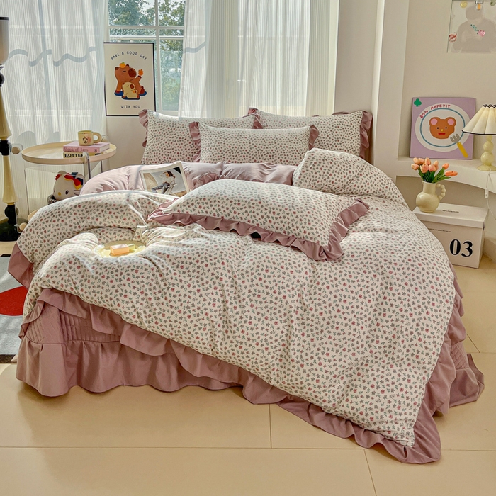 91家纺网 家纺一手货源 找家纺 斯卡诺家纺 2026新款韩版花边古法水洗仿棉床盖四件套花边床单四件套 小苍兰-韩版花边