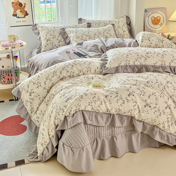 91家纺网 家纺一手货源 找家纺 斯卡诺家纺 2026新款韩版花边古法水洗仿棉床盖四件套花边床单四件套 南枝-韩版花边