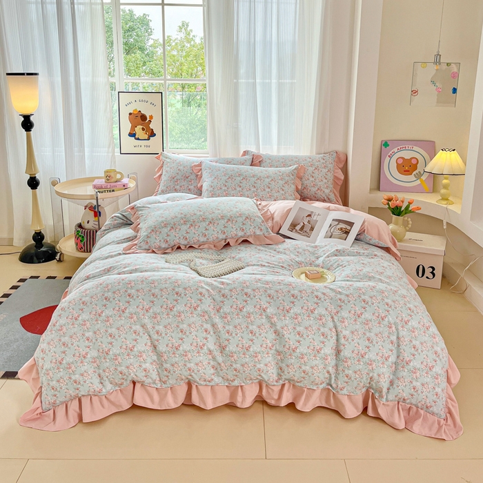 91家纺网 家纺一手货源 找家纺 斯卡诺家纺 2026新款韩版花边古法水洗仿棉床盖四件套花边床单四件套 盛夏花开-韩版花边