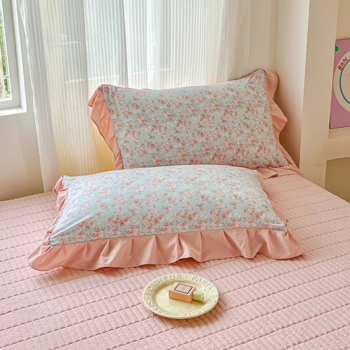 91家纺网 家纺一手货源 找家纺 斯卡诺家纺 2026新款韩版花边古法水洗仿棉床盖四件套花边床单四件套 盛夏花开-韩版花边