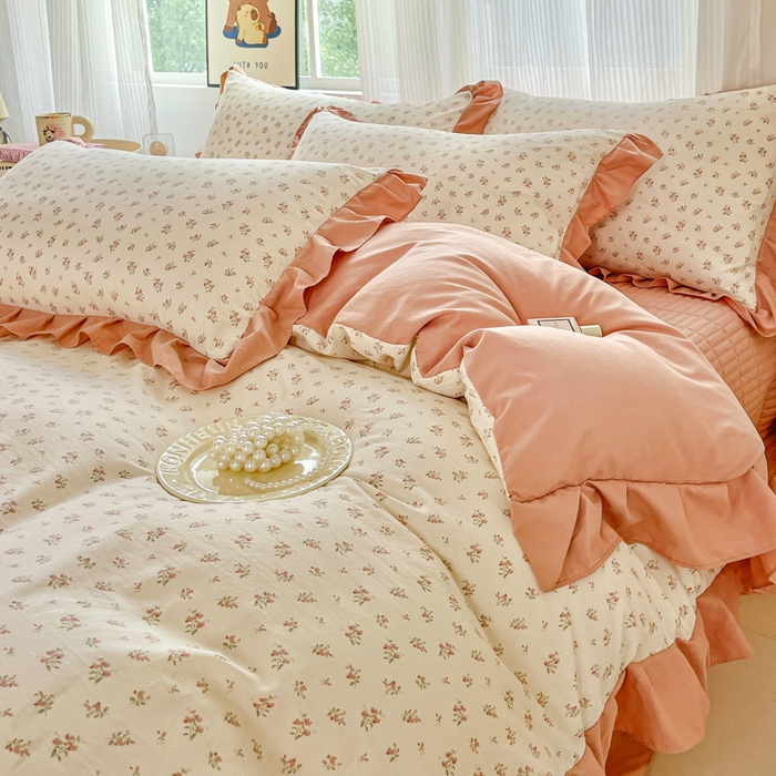 91家纺网 家纺一手货源 找家纺 斯卡诺家纺 2026新款韩版花边古法水洗仿棉床盖四件套花边床单四件套 小夜曲粉-韩版花边