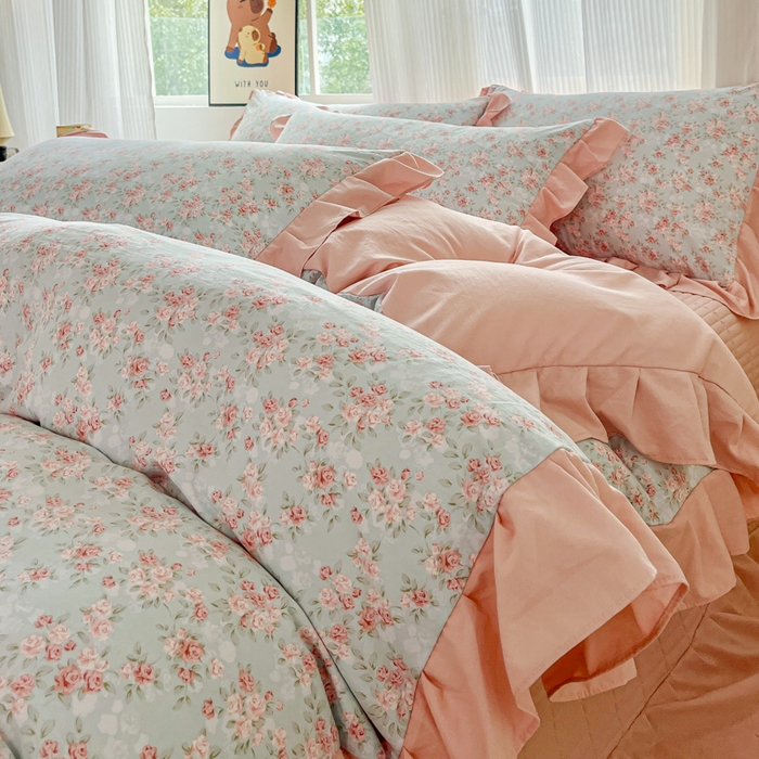 91家纺网 家纺一手货源 找家纺 斯卡诺家纺 2026新款韩版花边古法水洗仿棉床盖四件套花边床单四件套 盛夏花开-韩版花边