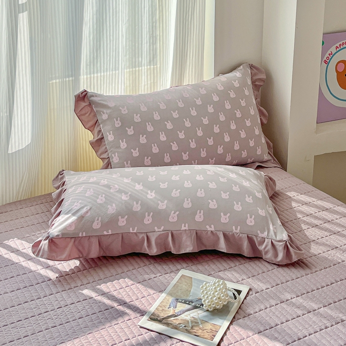 91家纺网 家纺一手货源 找家纺 斯卡诺家纺 2026新款韩版花边古法水洗仿棉床盖四件套花边床单四件套 兔小姐-韩版花边