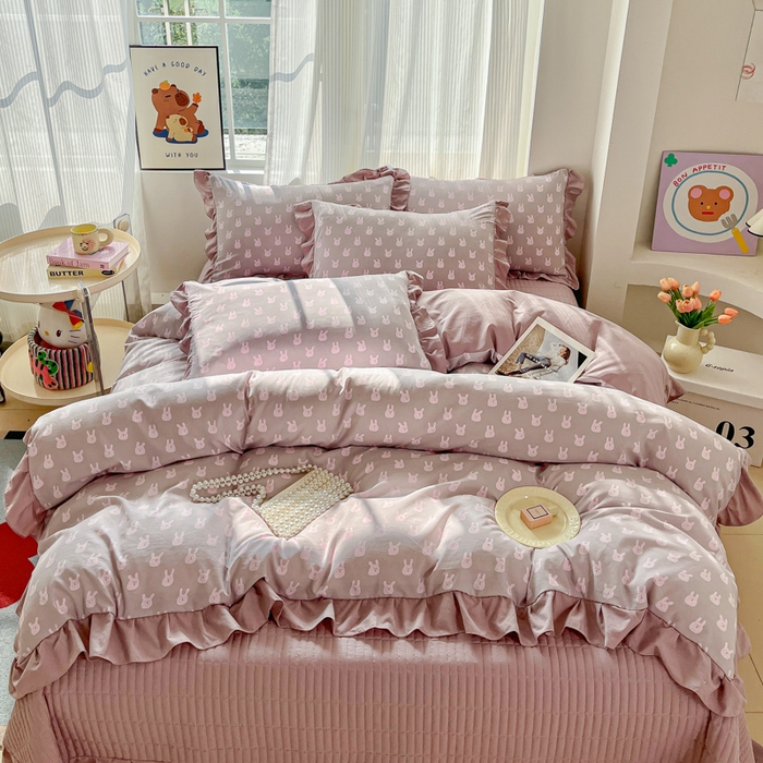 91家纺网 家纺一手货源 找家纺 斯卡诺家纺 2026新款韩版花边古法水洗仿棉床盖四件套花边床单四件套 兔小姐-韩版花边