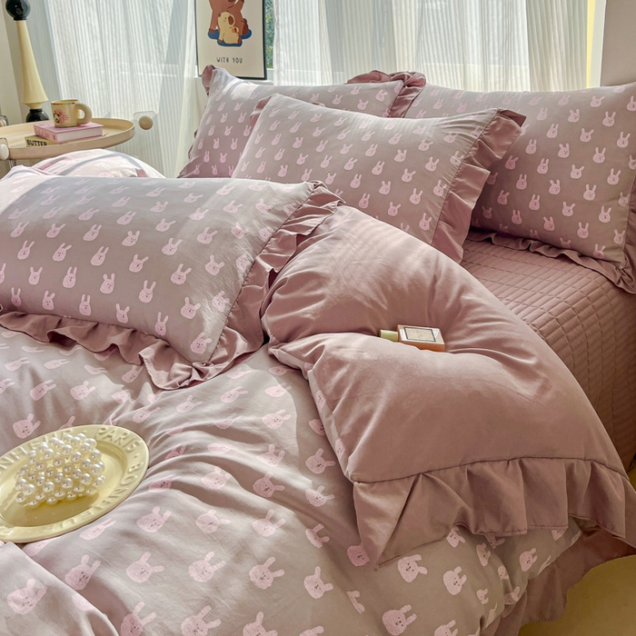 91家纺网 家纺一手货源 找家纺 斯卡诺家纺 2026新款韩版花边古法水洗仿棉床盖四件套花边床单四件套 兔小姐-韩版花边