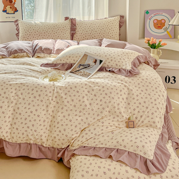 91家纺网 家纺一手货源 找家纺 斯卡诺家纺 2026新款韩版花边古法水洗仿棉床盖四件套花边床单四件套 小夜曲紫-韩版花边