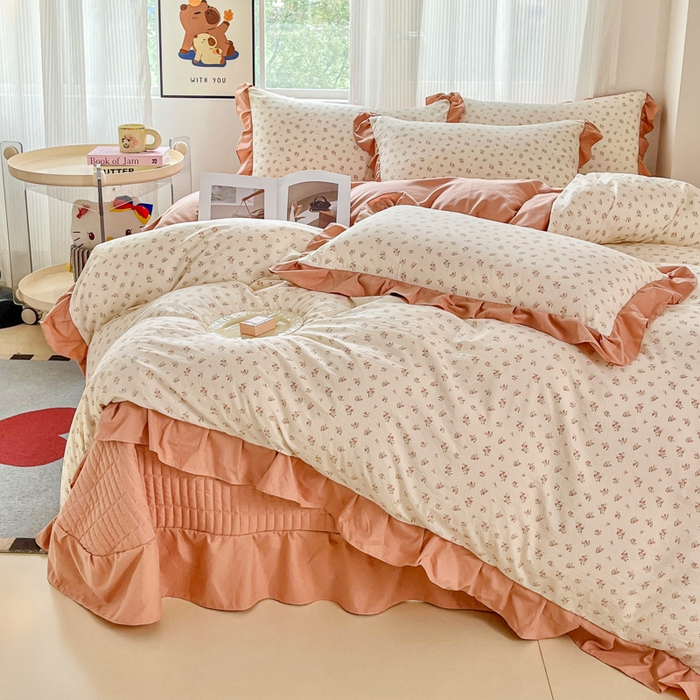 91家纺网 家纺一手货源 找家纺 斯卡诺家纺 2026新款韩版花边古法水洗仿棉床盖四件套花边床单四件套 小夜曲粉-韩版花边